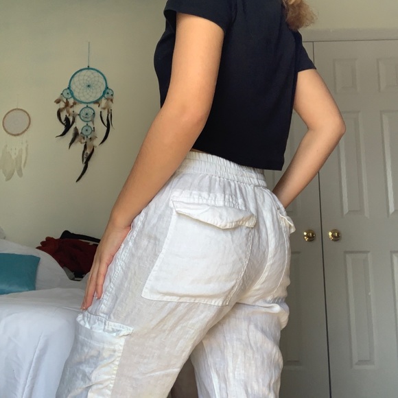 Magaschoni Cream Colored Stretch Cargo Pants Small - Picture 2 of 5